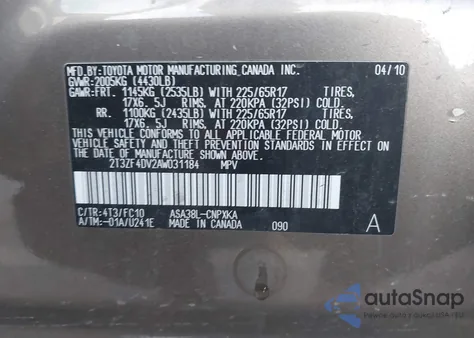 2010 Toyota Rav4 из США, поврежденный, VIN 2T3ZF4DV2AW031184